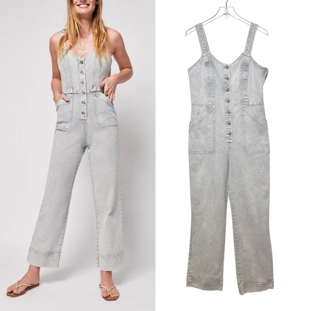 Faherty Gia Light Gray Denim Overalls Women’s Straight Leg Jumpsuit Sz L
